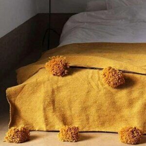 NWT Cotton pompom blanket mustard yellow